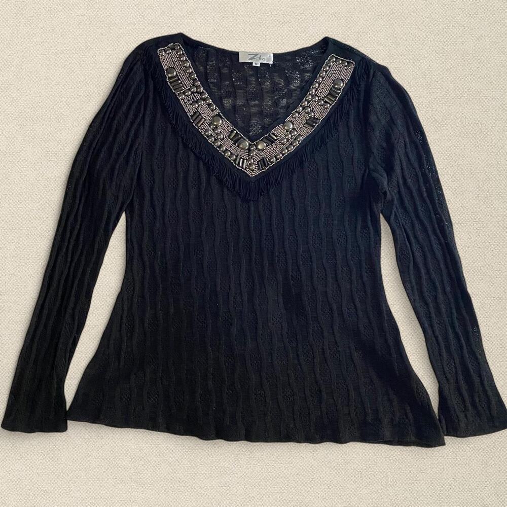 90s Knit Mesh Long Sleeve Beaded V Neckline Black sz M Zeebo